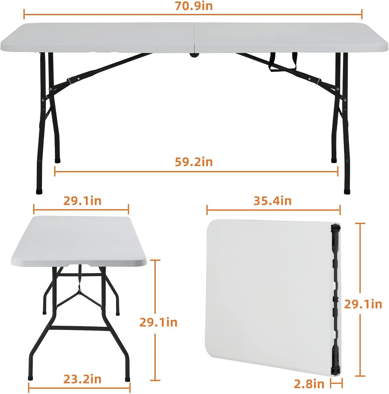 6 Ft Heavy Duty Working Indoor Outdoor Plastic Folding Utility Party Dining Table Easy to Assemble with Lock Function White, 70.9 X 29.1 X 29.1 Inches (White, 6 FT)