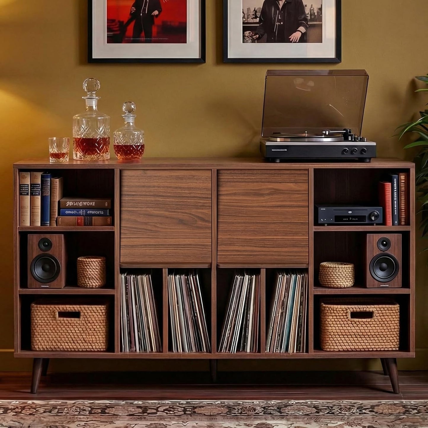 Large Record Player Stand 55", Holds 600+ Vinyl Record Storage Cabinet with Charging Station, Mid Century Modern Turntable Stand for Living Room, Bedroom, Brown