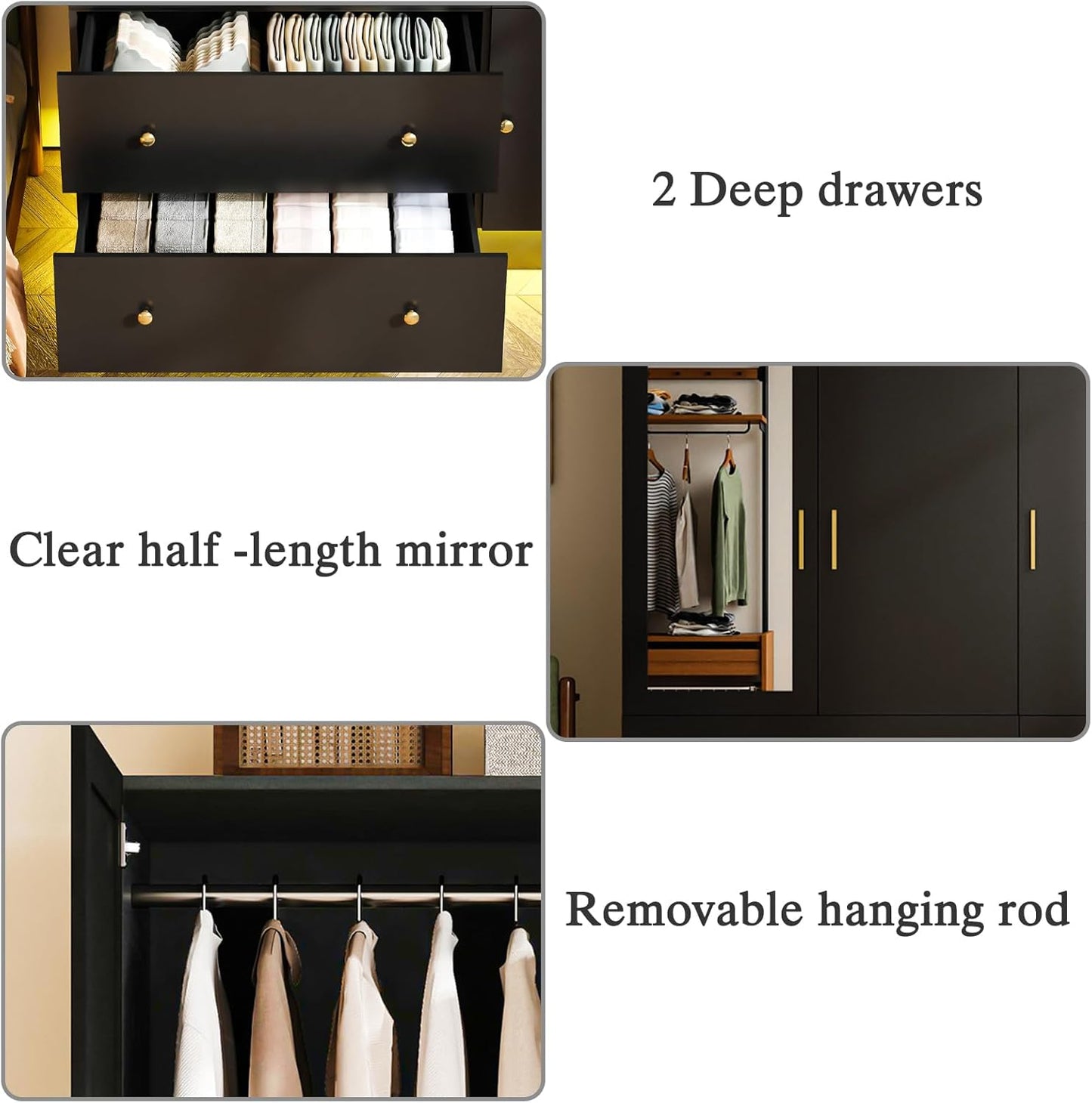 3 Doors Armoire Wardrobe Closet with Mirror & Organizers, LED Wooden Bedroom Armoires with Hanging Rod for Bedroom, Black
