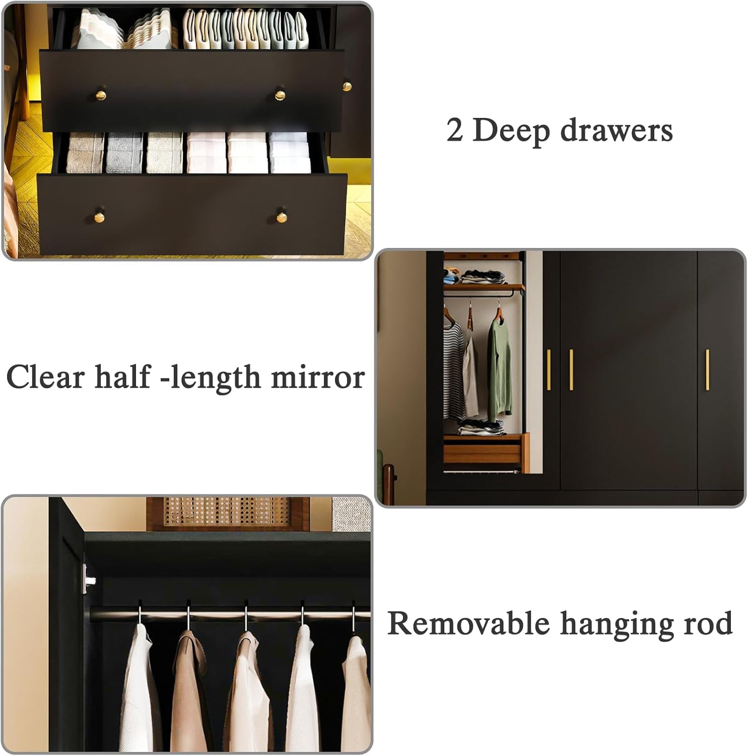 3 Doors Armoire Wardrobe Closet with Mirror & Organizers, LED Wooden Bedroom Armoires with Hanging Rod for Bedroom, Black