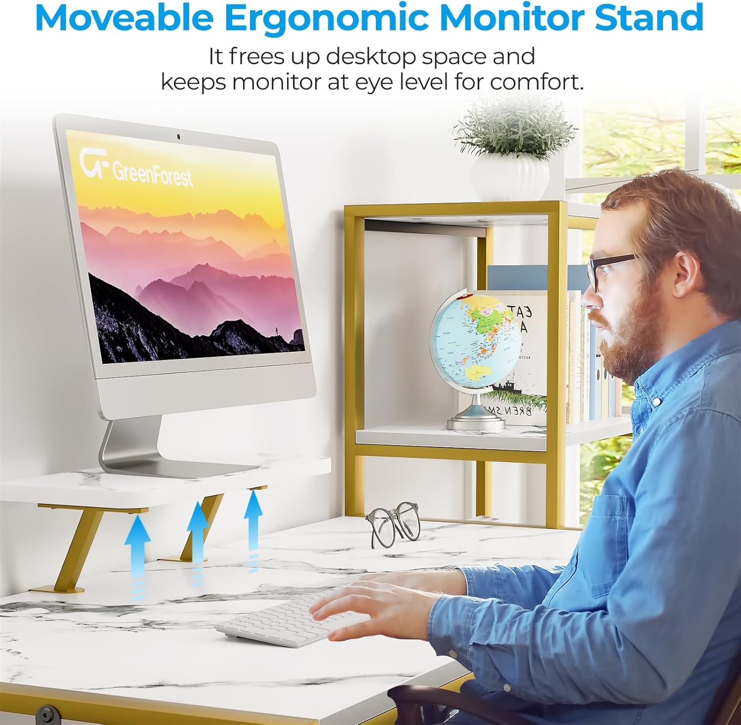 Computer Desk 67 Inch with Printer Shelf, Reversible Office Desk with Monitor Stand and 2 Hooks, Home Desk Workstation for Study Writing Working Gaming, Marble