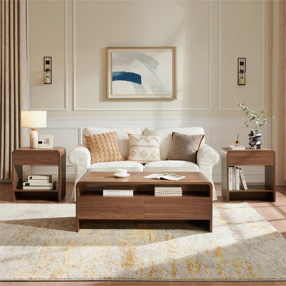 3-Piece Living Room Table Set, Includes Coffee Table & 2 End Tables, Modern Coffee Table Sets with Large Storage Drawers & Smooth Rounded Edges, Brown