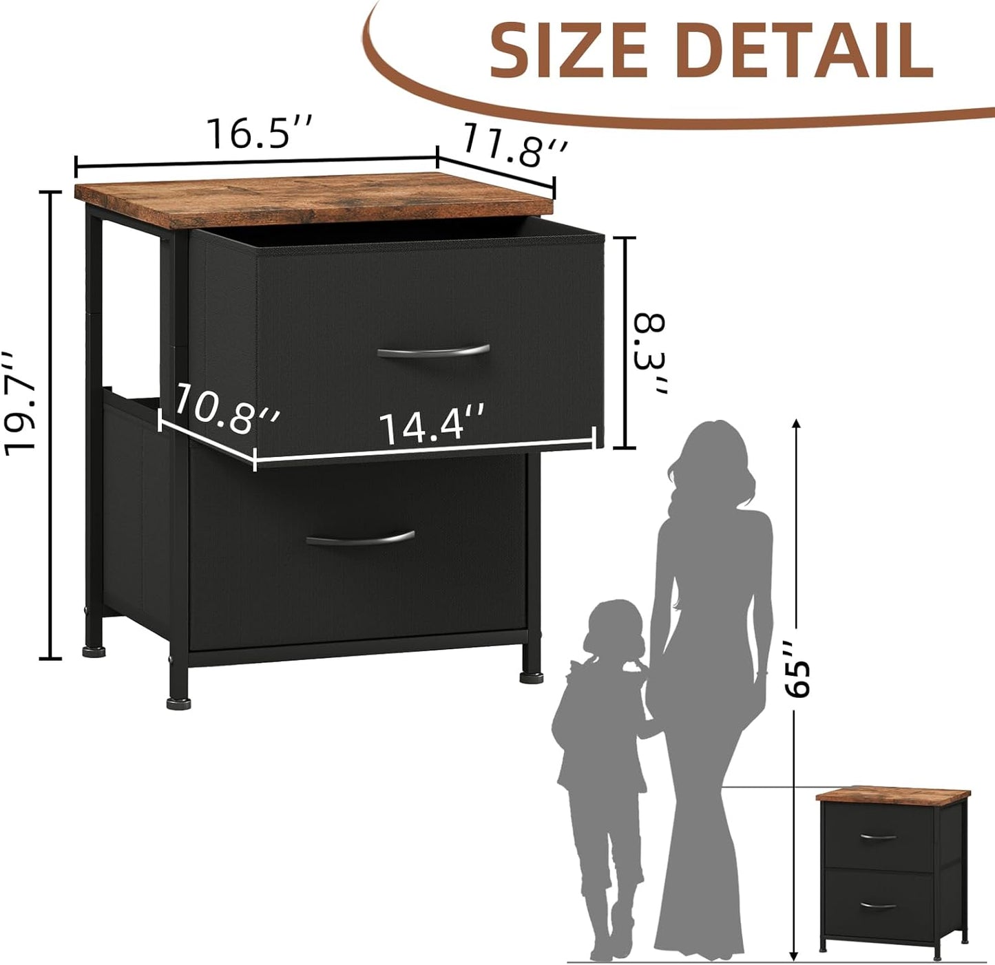 Black Nightstand, Small Dresser for Bedroom with 2 Drawers, Bedside Table Night Stand End Table with Fabric Bins for Bedroom Kids Closet Dorm Guest Room, Black Rustic Brown
