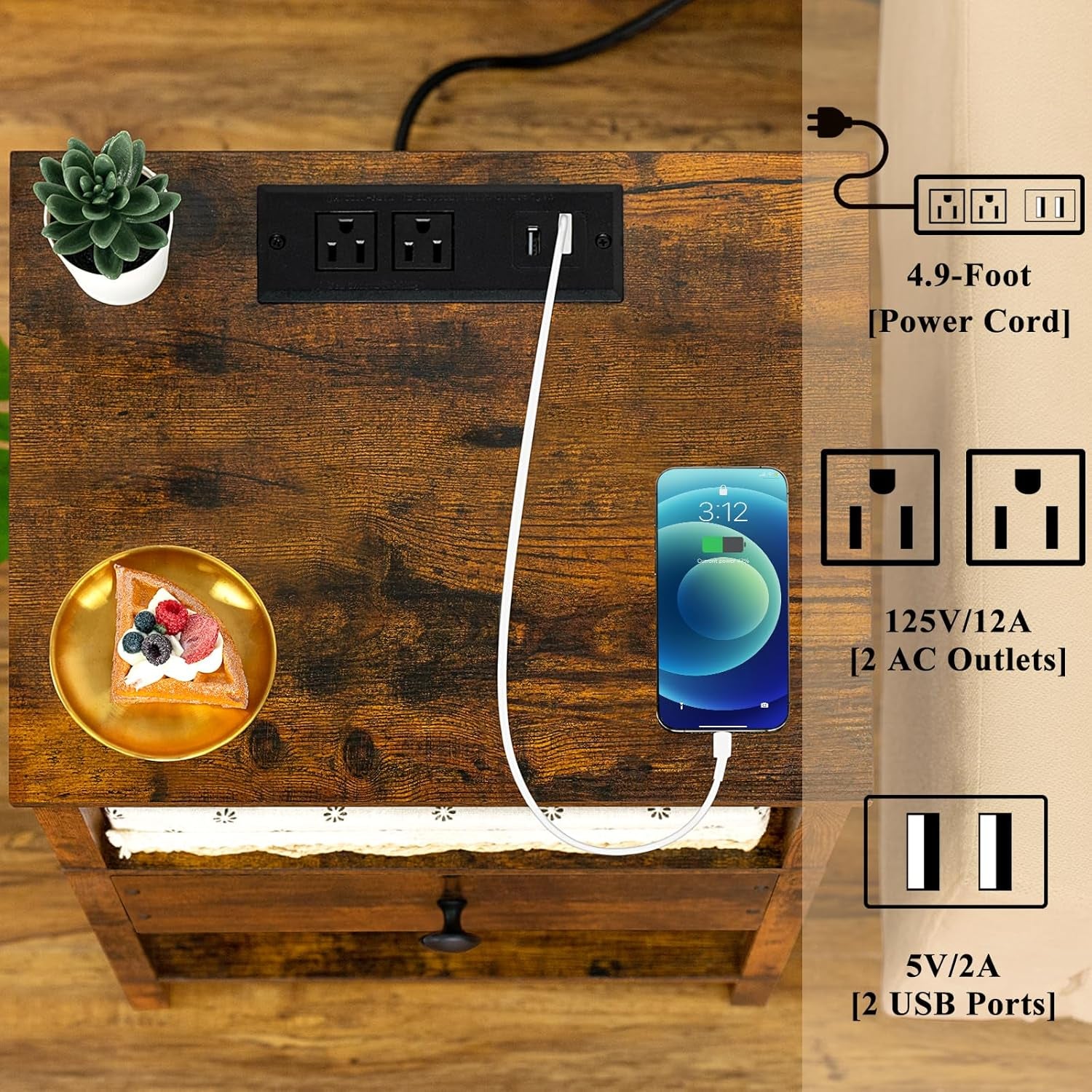 Nightstand with Charging Station and USB Ports, 3-Tier Storage End Table with Drawer Shelf, Night Stand for Small Spaces, Wood Bedside Table for Living Room, Bedroom - Retro Brown…