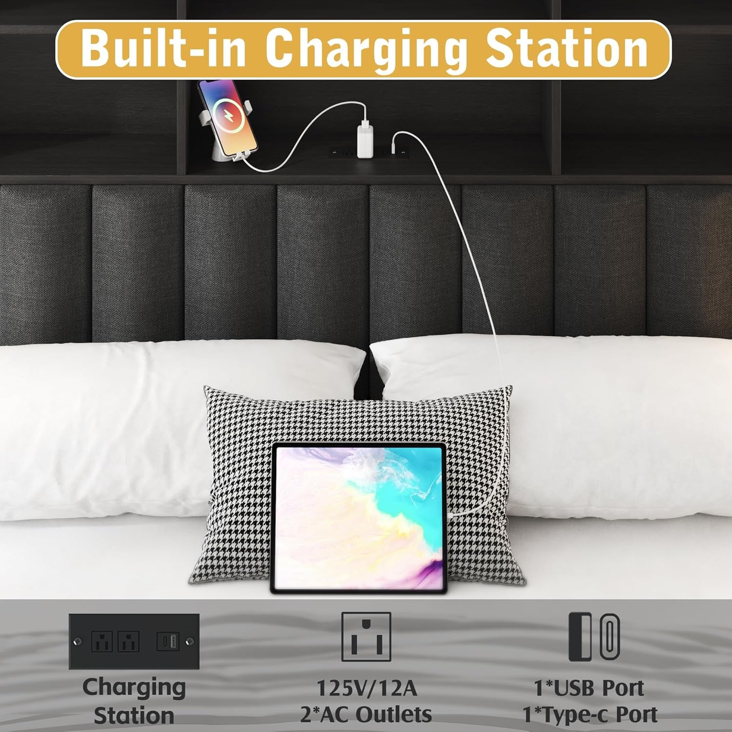 Queen Bed Frame with Headboard, Queen Bed Frame with High Storage Bookcase Headboard, 4 Storage Drawers & Charging Station, No Box Spring Needed/Noise Free/All-Metal Support, Rustic Grey