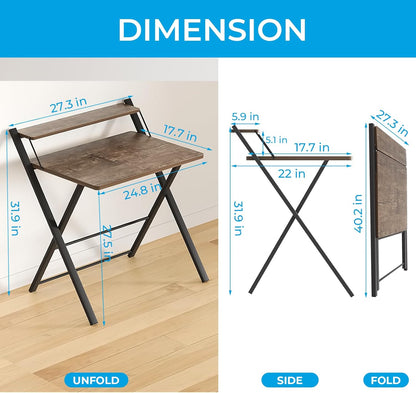 Folding Desk No Assembly Required Large Size, 2-Tier Foldable Computer Desk with Shelf for Home Office, Space Saving Portable Laptop Study Foldable Table for Bedroom, White