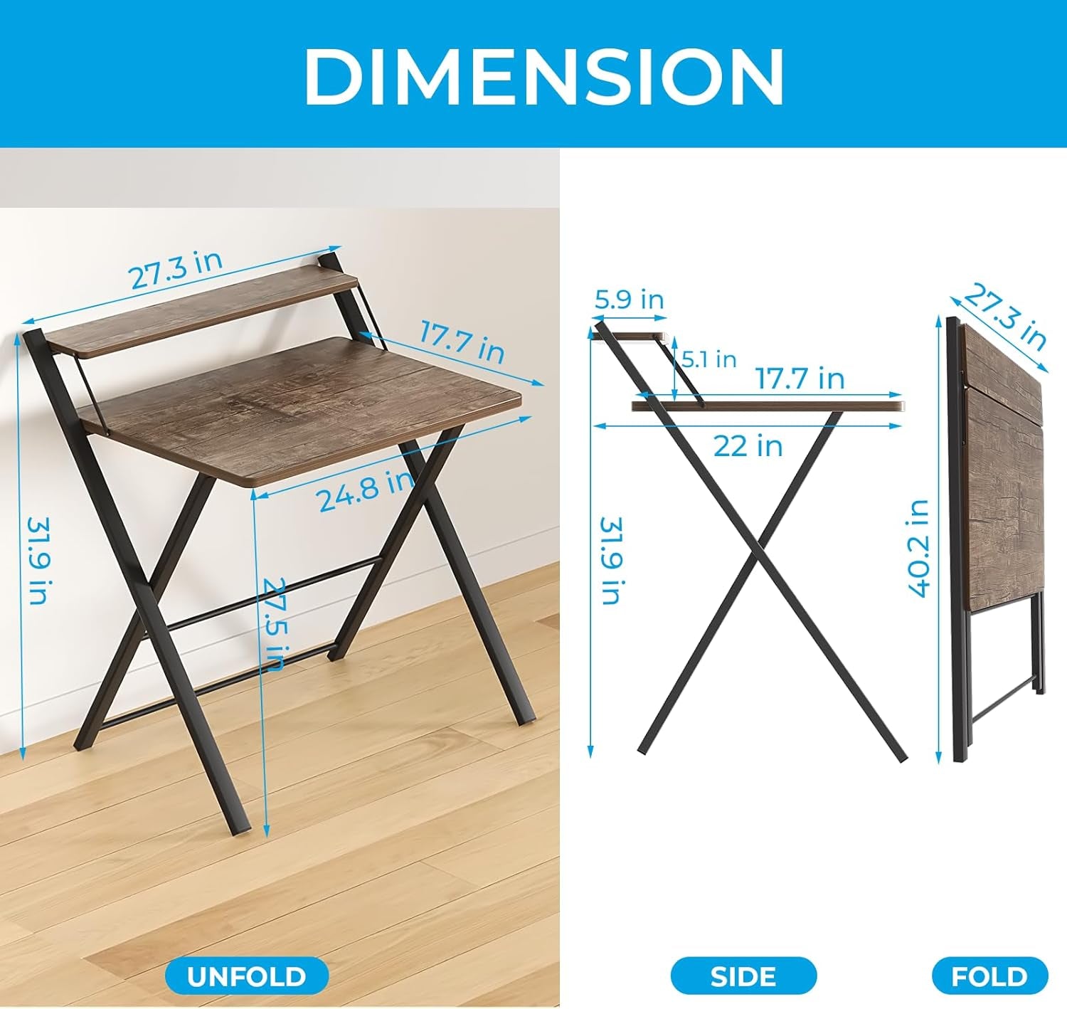 No Assembly Folding Desk, 2-Tier Compact Computer Desk with Shelf, Space Saving Foldable Table for Home Office, Dorm or Apartment, Portable Collapsible Sturdy Laptop Desk, Black