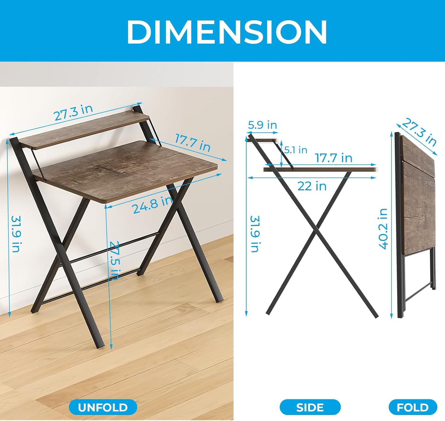 No Assembly Folding Desk, 2-Tier Compact Computer Desk with Shelf, Space Saving Foldable Table for Home Office, Dorm or Apartment, Portable Collapsible Sturdy Laptop Desk, White