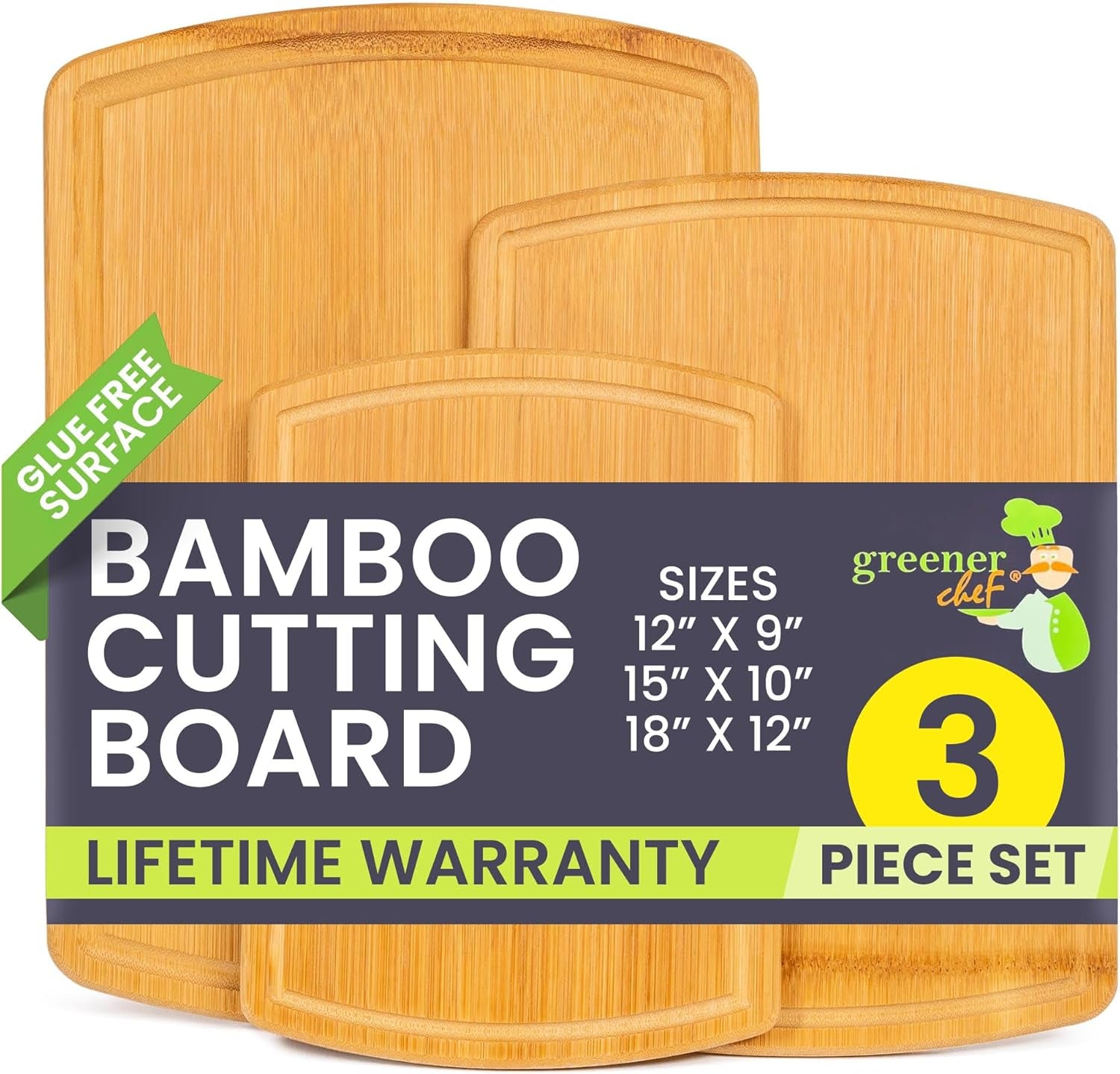 Glue-Free Surface™ Extra Large Bamboo Cutting Board Set – for Chopping Vegetables, Carving Meat, Slicing Bread, and Serving Cheese & Charcuterie for Safer Family Meal Prep – for Health Conscious Chefs