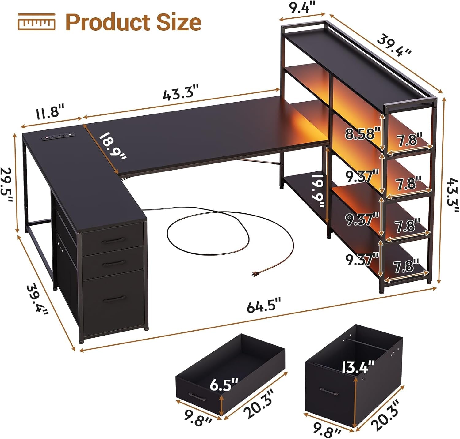 L Shaped Gaming Desk, Reversible U Shaped Computer Desk with Power Outlet and Storage Shelves, Corner Gaming Desk with LED Lights, 3 Fabric Drawers, Black