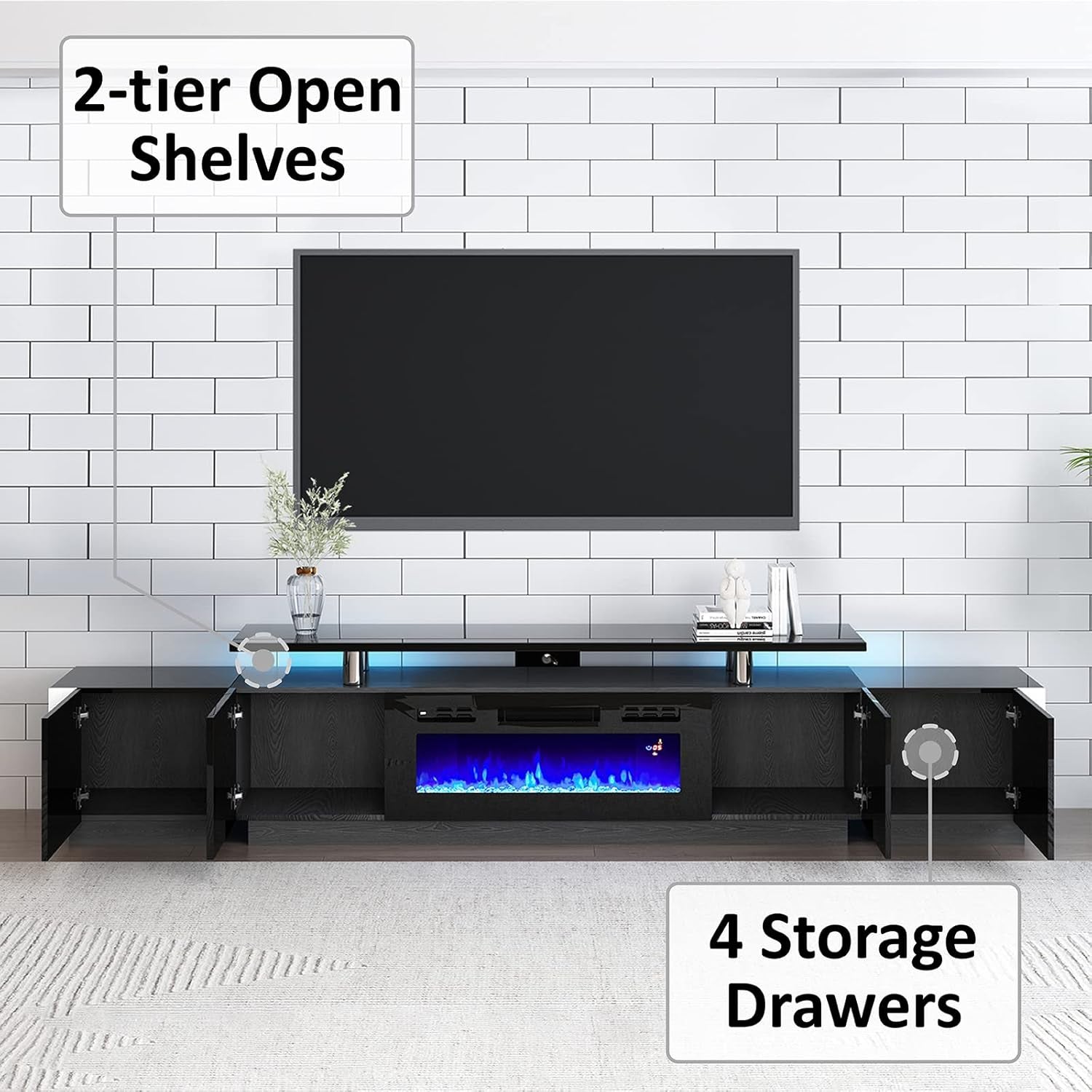 110" Large Fireplace TV Stand Set with 36" Electric Fireplace, Includes 70" 2-Tier Fireplace TV Stand, 2 X End Tables, Modern High Gloss TV Console with LED Light for Living Room, Black