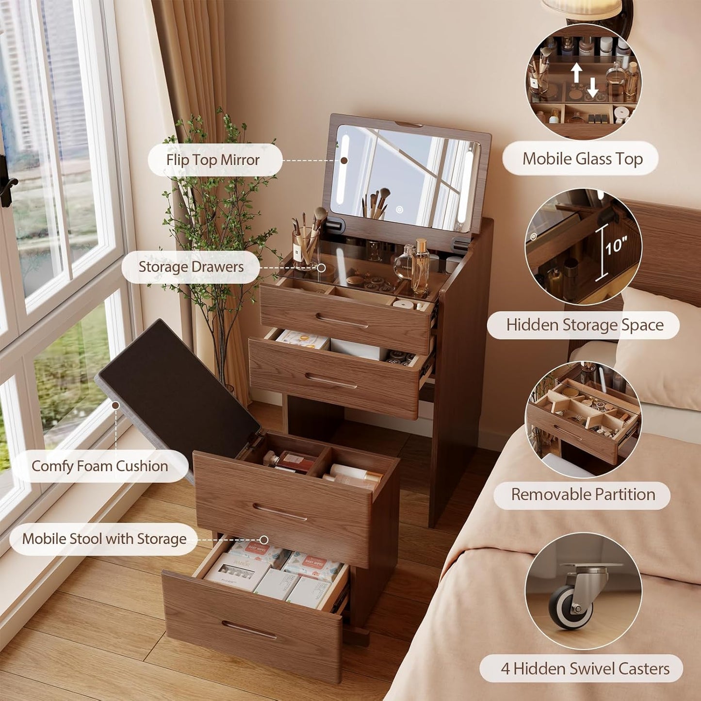 Solid Wood 3 in 1 Vanity Desk with Flip Top Mirror, No Assembly, Compact Vanity with Hidden Chair, Small Makeup Vanity Set with Power Outlet, Dressing Table for Bedroom, Walnut