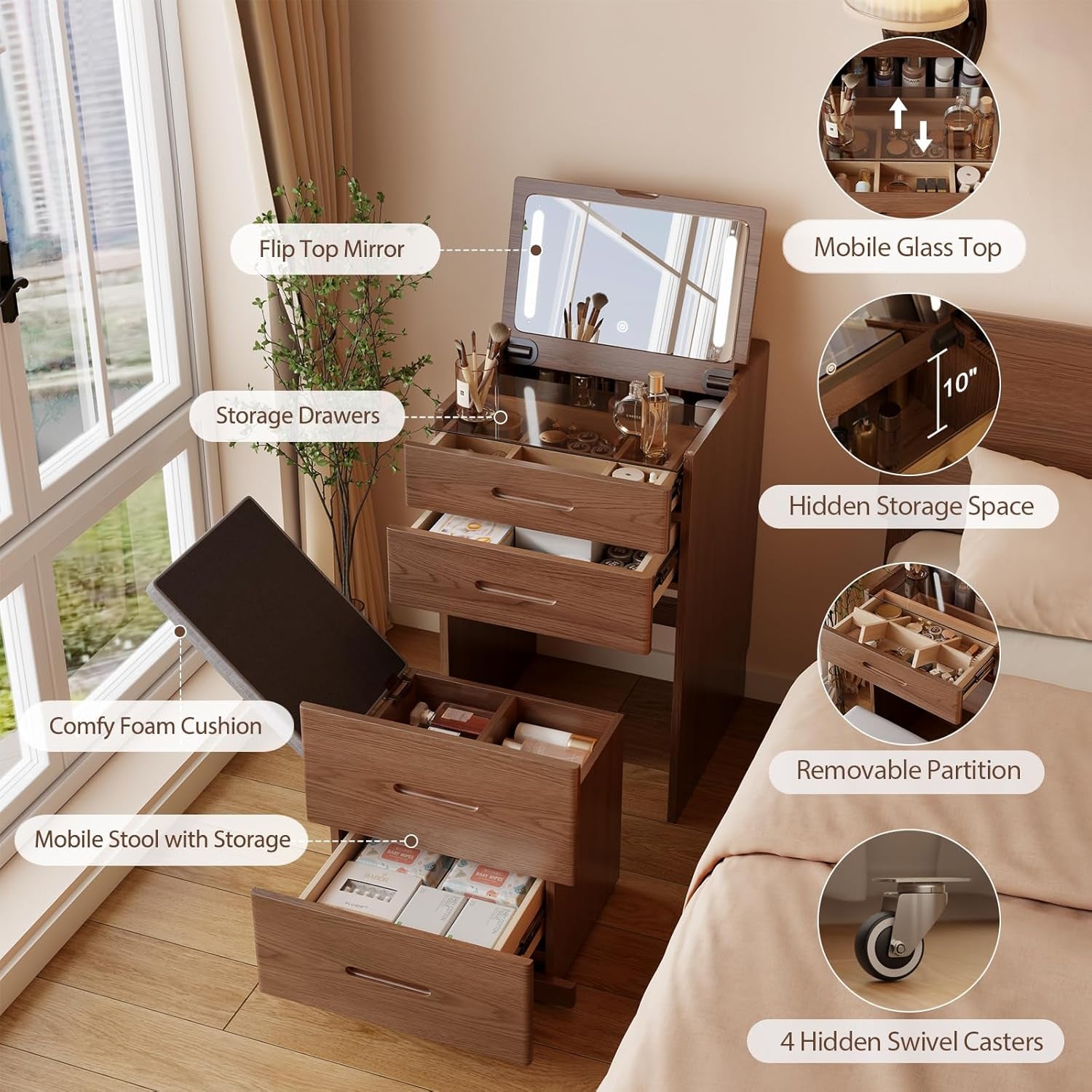 Solid Wood 3 in 1 Vanity Desk with Flip Top Mirror, No Assembly, Compact Vanity with Hidden Chair, Small Makeup Vanity Set with Power Outlet, Dressing Table for Bedroom, Walnut