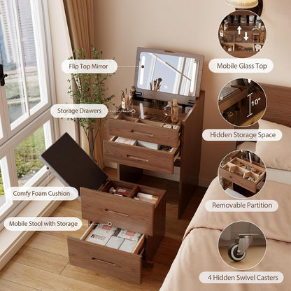 Solid Wood 3 in 1 Vanity Desk with Flip Top Mirror, No Assembly, Compact Vanity with Hidden Chair, Small Makeup Vanity Set with Power Outlet, Dressing Table for Bedroom, Walnut