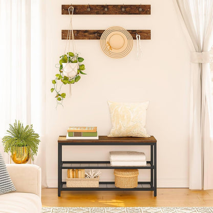 Hall Tree with Bench, Coat Rack Shoe Bench Set, Entryway Shoe Rack with Coat Hooks, Hall Tree Coat Rack, Mud Room, Industrial, for Foyer, Front Door, Rustic Brown BF07MT01