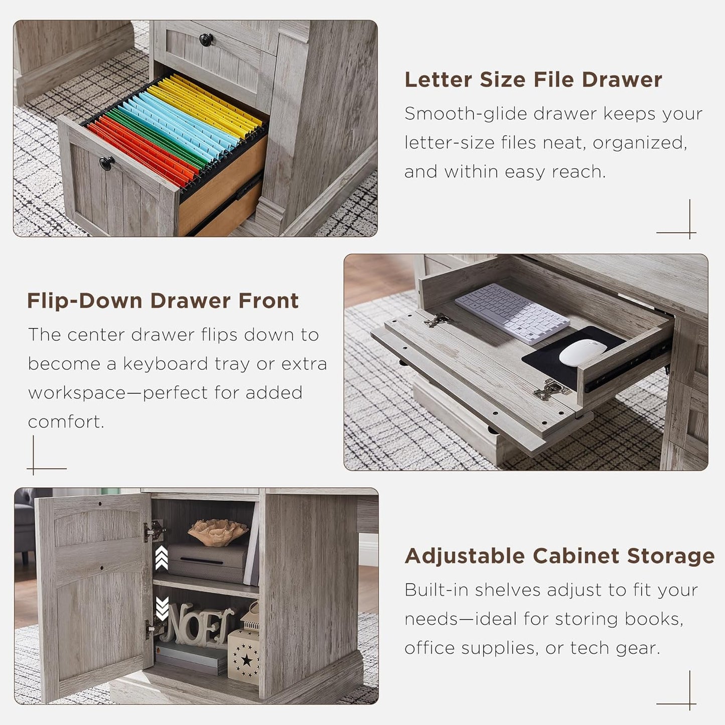 60" Executive Desk with Drawers, Farmhouse Home Office Desk with Charging Station, Keyboard Tray, File Cabinet Storage, Wood Computer Desk for Work and Study, Antique Brushed White