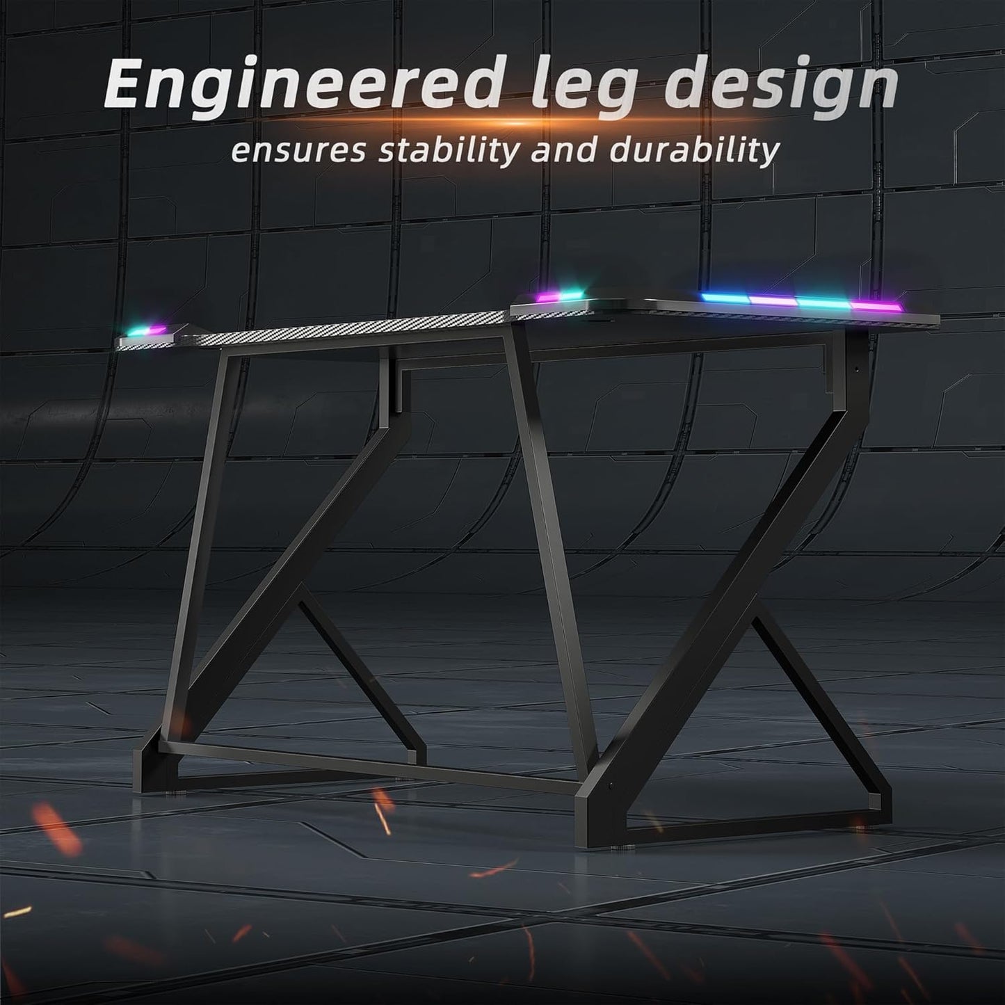 Gaming Desk with LED Lights, 40 Inch Computer Desk Z Shaped Gamer Workstation, Gaming Table with Carbon Fiber Surface, PC Gamer Desk, Black