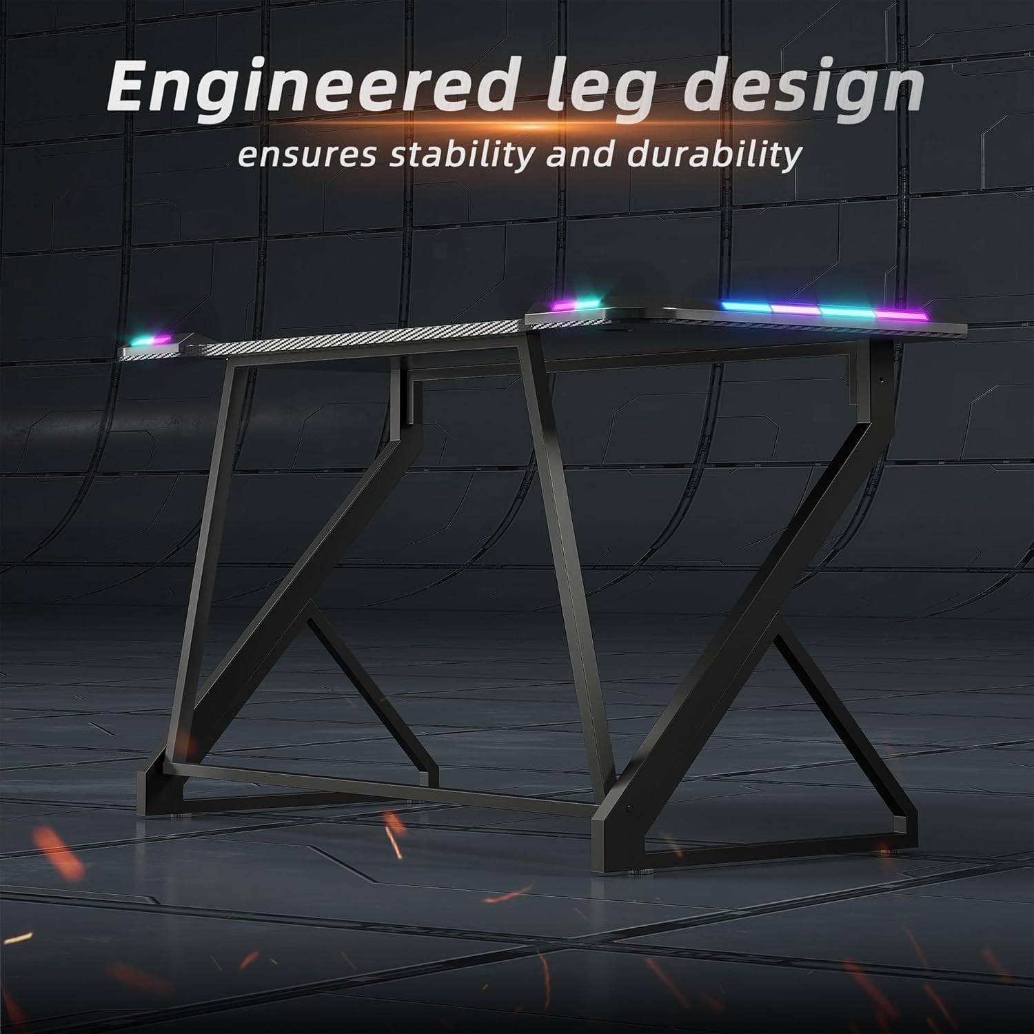 Gaming Desk with LED Lights, 40 Inch Computer Desk Z Shaped Gamer Workstation, Gaming Table with Carbon Fiber Surface, PC Gamer Desk, Black