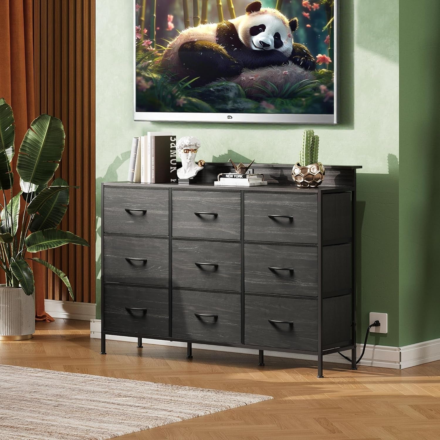 Black Dresser TV Stand for 45, 50, 55 Inch TV, Entertainment Center with LED Lights & Charging Station, Chest of Drawers with 9 Fabric Drawers and Open Shelves for Living Room, Hallway, Wood Top