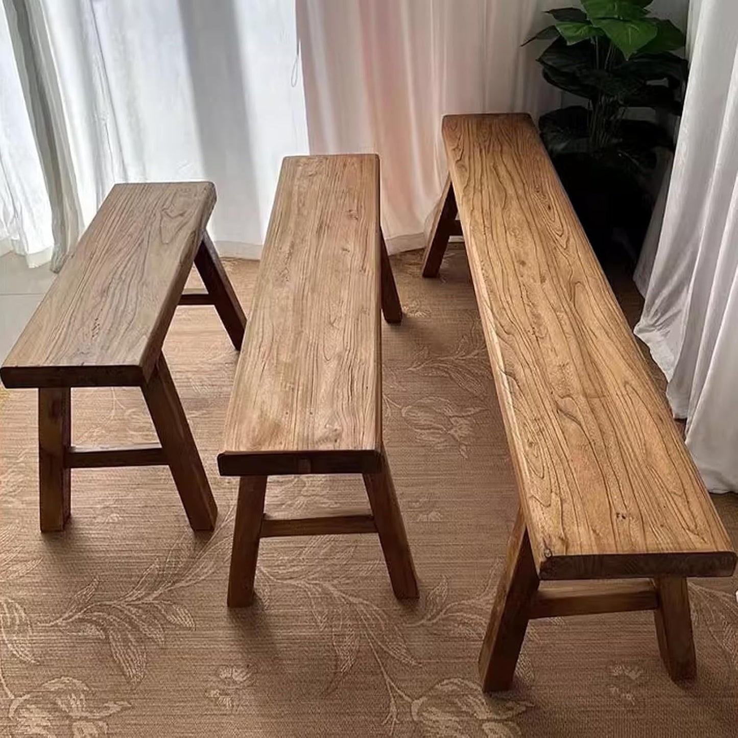 Farmhouse Wooden Dining Bench Indoor Natural Solid Wood Living Room Kitchen Long Bench 20" 32" 39" 47" 55" 63" 71" 79" Entryway Shoe Rack Bench for Bedroom Hallway Easy to Assemble Sturdy and Stable(4