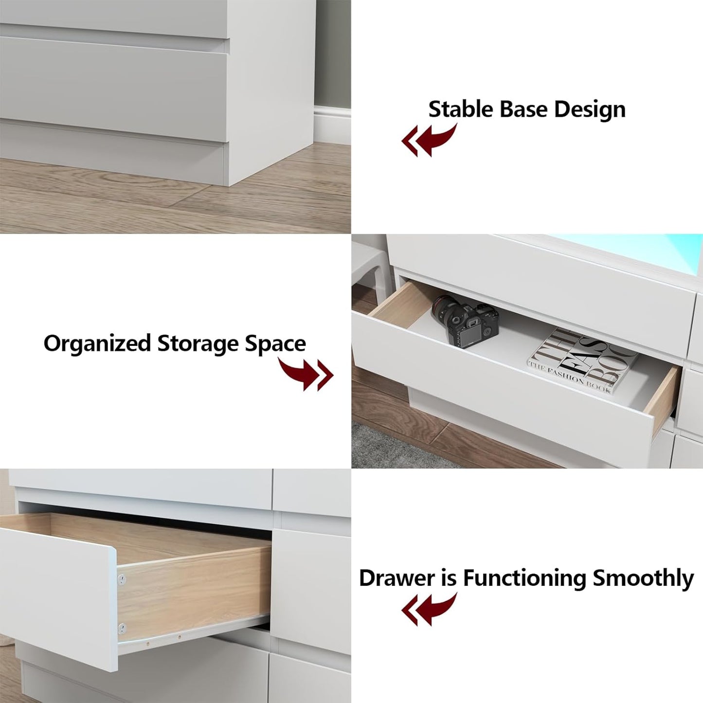 6 Drawer Double Dresser with Power Outlet, Accent Chests of Drawers with LED Light, Modern White Storage Dresser with Charging Station (Mirror Not Included)