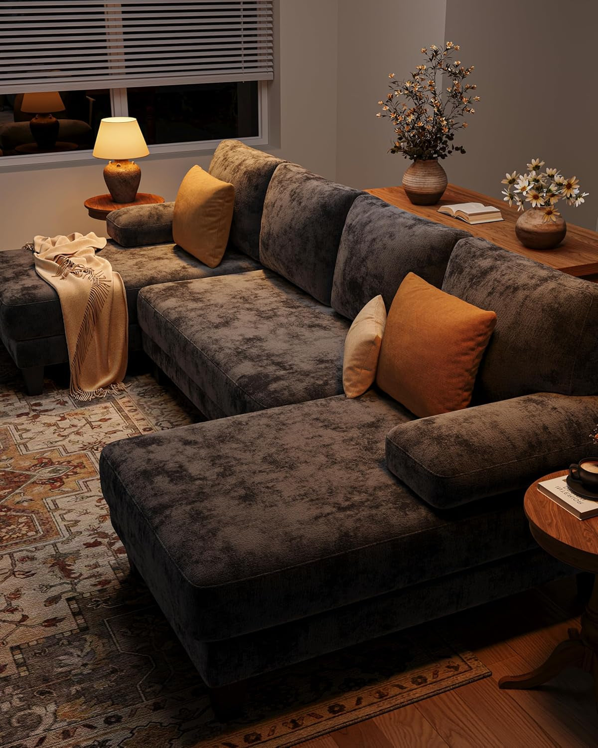 U-Shaped Sectional Couches for Living Room | Chenille Sofa with Double Chaise | 112 Inch Dark Grey Sectionals Couch for Apartment