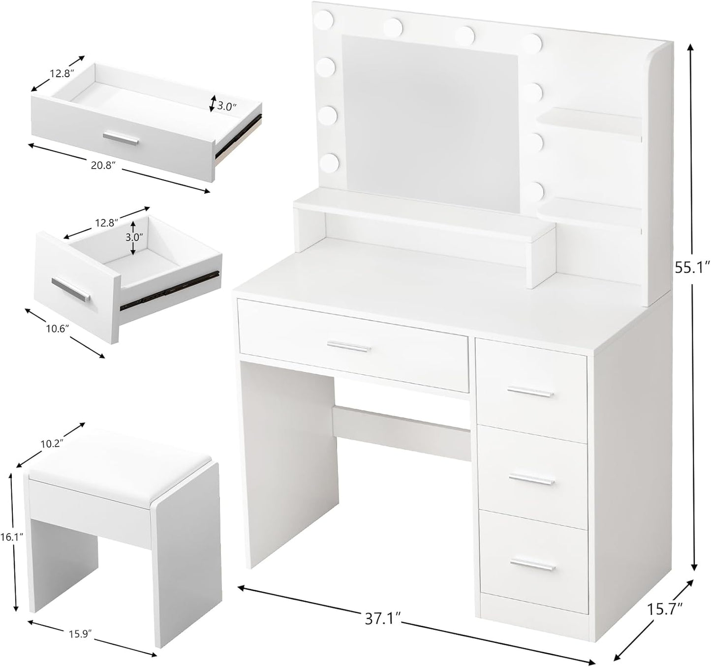 Makeup Vanity Desk with Mirror and Light,Dressing Table Set with 3 Color Modes LED Lights,Large and Three Level Storage Dresser, for Bedroom Dressing Room,White