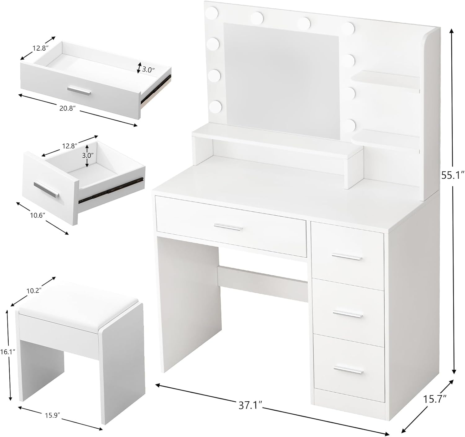 Makeup Vanity Desk with Mirror and Light,Dressing Table Set with 3 Color Modes LED Lights,Large and Three Level Storage Dresser, for Bedroom Dressing Room,White