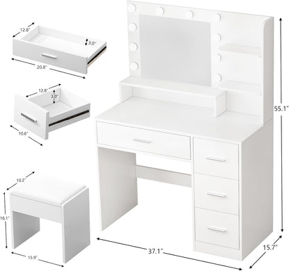 Makeup Vanity Desk with Mirror and Light,Dressing Table Set with 3 Color Modes LED Lights,Large and Three Level Storage Dresser, for Bedroom Dressing Room,White