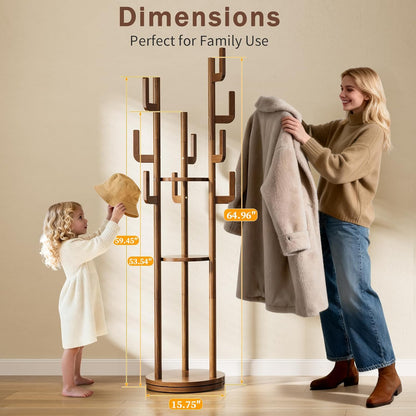 Rotary Coat Rack Freestanding - Solid Wood Coat Tree with 9 Hooks & 3 Storage Shelves for Purse, Bag, Jacket, Hat, Corner Hanger Stand Racks for Hall, Entryway, Office, Modern Clothes Holder