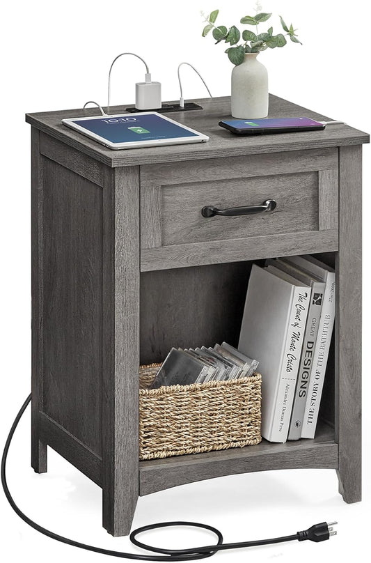 LIRY Collection - Farmhouse Nightstand with Charging Station, Bedside Table, Side Table with Drawer, Open Compartment, for Bedroom, Misty Gray ULET659G68
