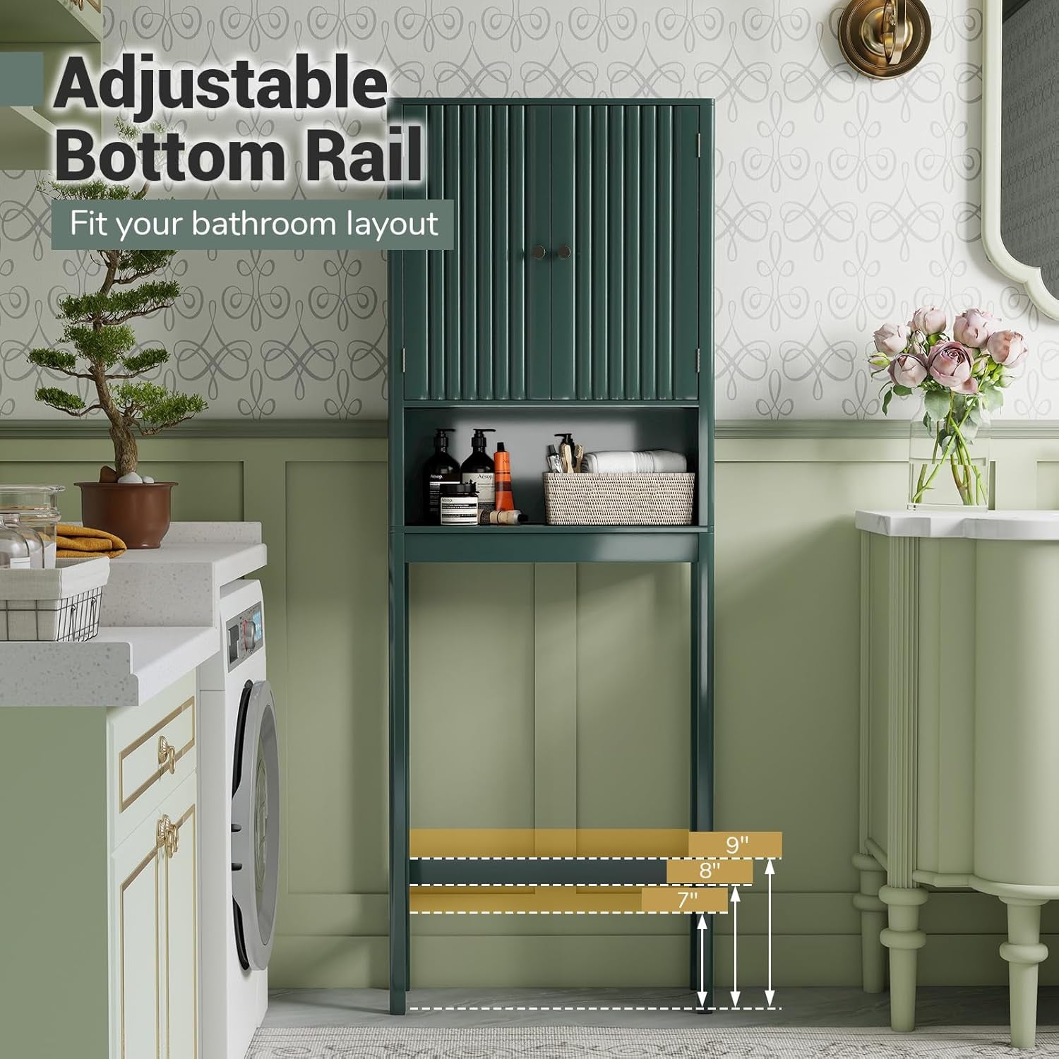 over the Toilet Storage Cabinet, Bathroom Organizer W/Fluted Doors, Adjustable Shelf&Bottom Bar, Open Storage Cube, Space-Saving above Toilet Storage Cabinet for Laundry (Forest Green)