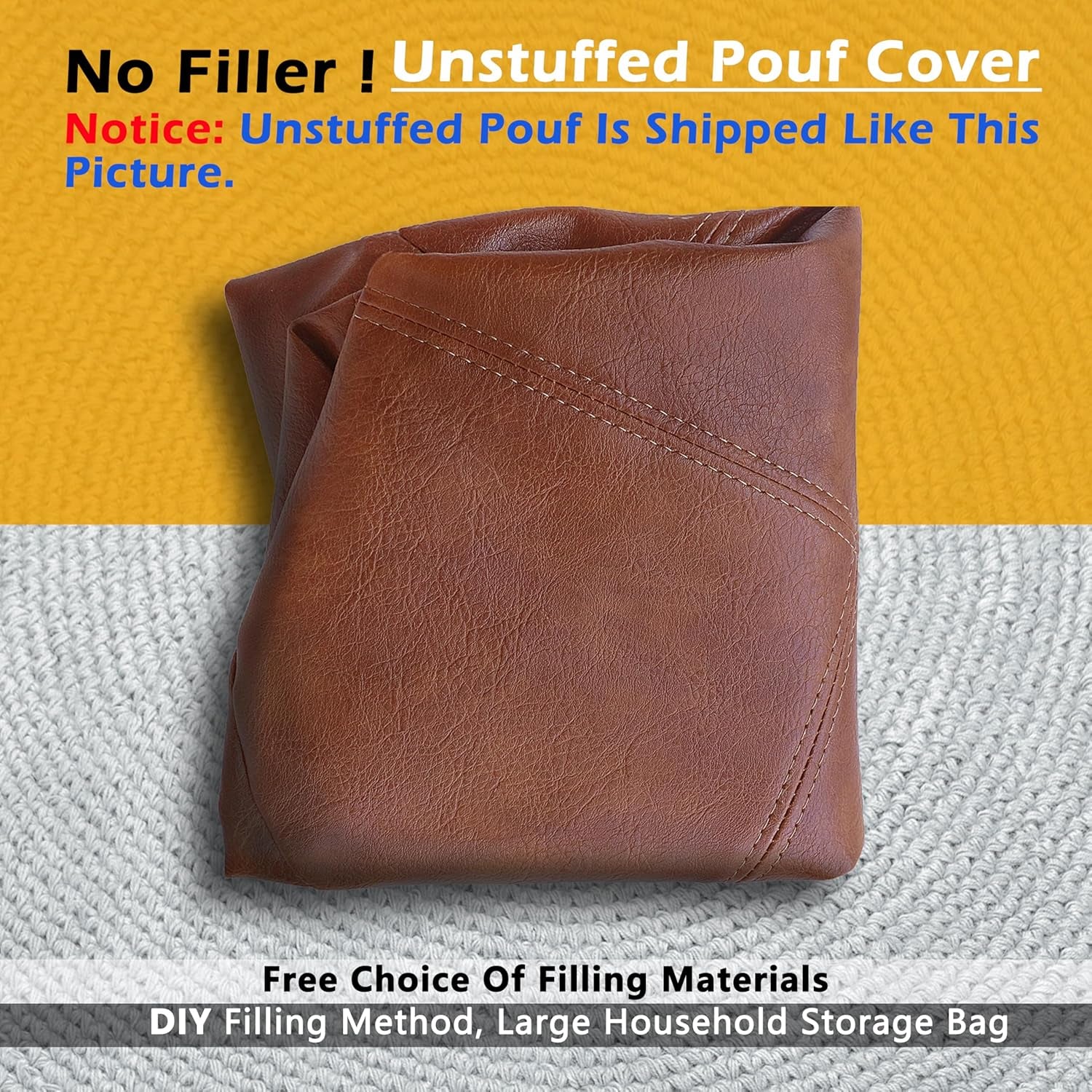 Unstuffed Faux Leather Pouf Cover, Handmade Footstool Ottoman Storage Solution, Floor Footrest Cushion, 16.5”Dx12”H, Amaretto