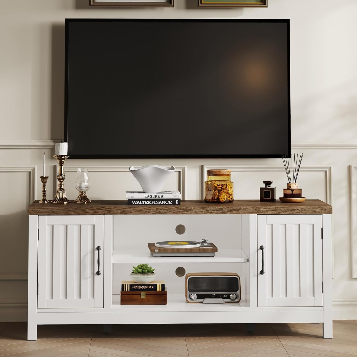 Farmhouse TV Stand, Wood Fluted Door Entertainment Center with Storage Cabinets and Open Shelves, Rustic Media Console up to 55 Inches for Living Room, Bedroom, White