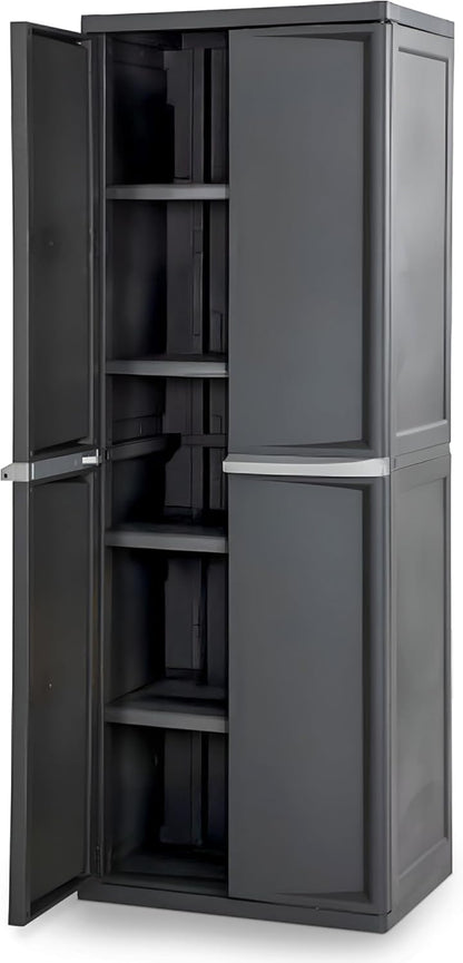 4 Shelf Cabinet, Lockable Utility Storage W/ Adjustable Shelves, Gray - Plastic Shelving Unit for Organizing Garage, Pantry, Basement, Laundry Room or Mudroom