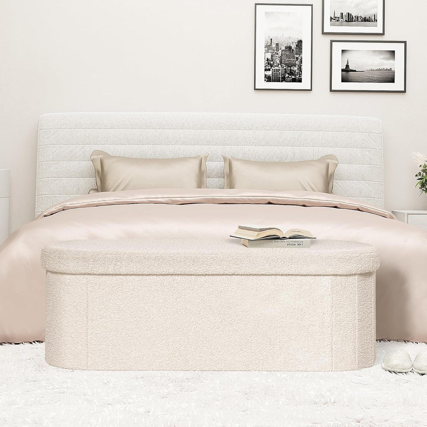 Storage Ottoman Bench Tufted Oval Ottomans Bench Foot Rest, Chest Box Velvet Bench with Storage, 43"X15"X15" (White)