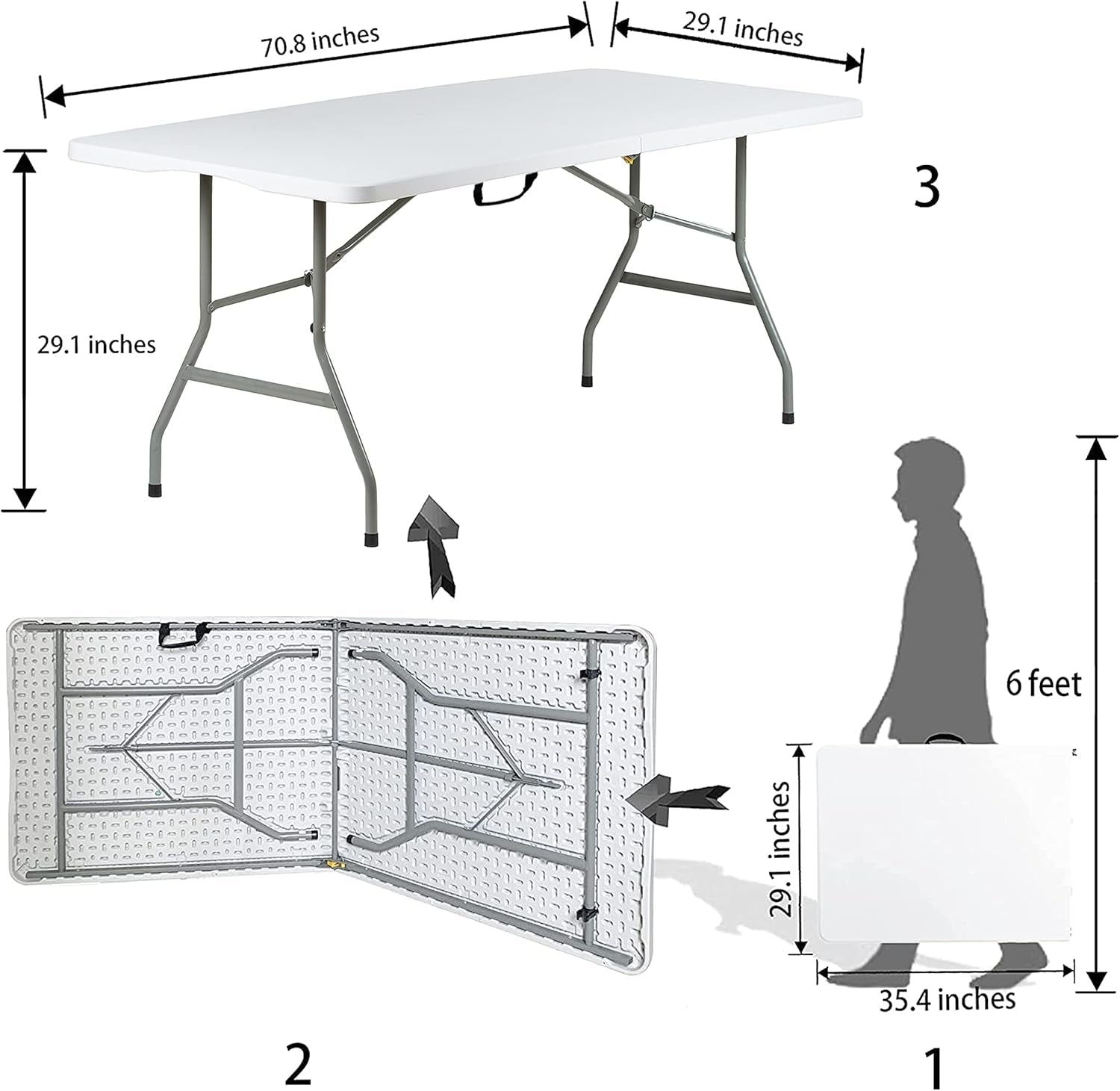 6 Foot Folding Table 6Ft Foldable Portable Plastic Tables for Party, Fold-In-Half Heavy Duty Table, 6’ Utility Dining Card Long Table, Indoor Outdoor Fold up for Picnic, Camping, White, Large