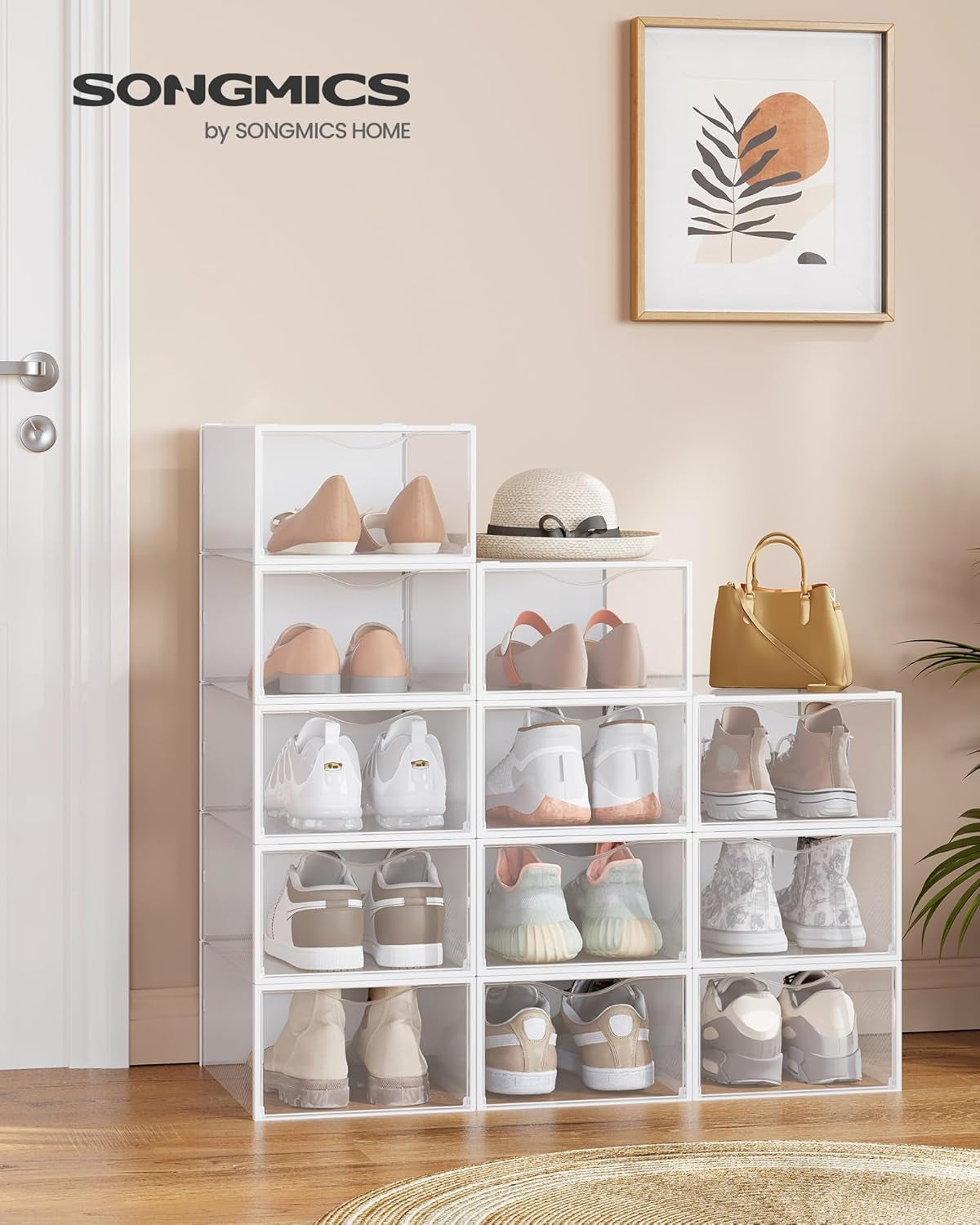 Stackable Shoe Boxes, Set of 12 Plastic Shoe Organizers with Door, Transparent, Easy Assembly, 9.1 X 13.1 X 5.6 Inches, for Shoes up to US Size 10, Transparent and Cloud White ULSP312W01