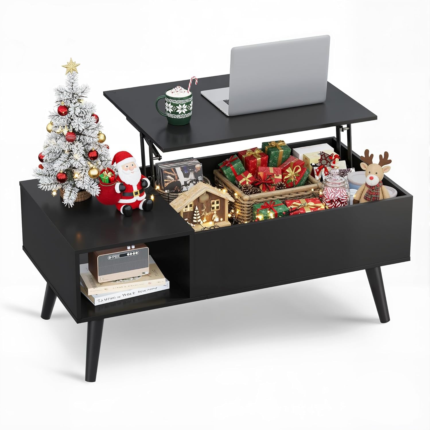Coffee Table for Living Room, Lift Top Coffee Table with Storage, Small Rising Wooden Dining Center Table with Storage Shelf & Hidden Compartment, 39" Black