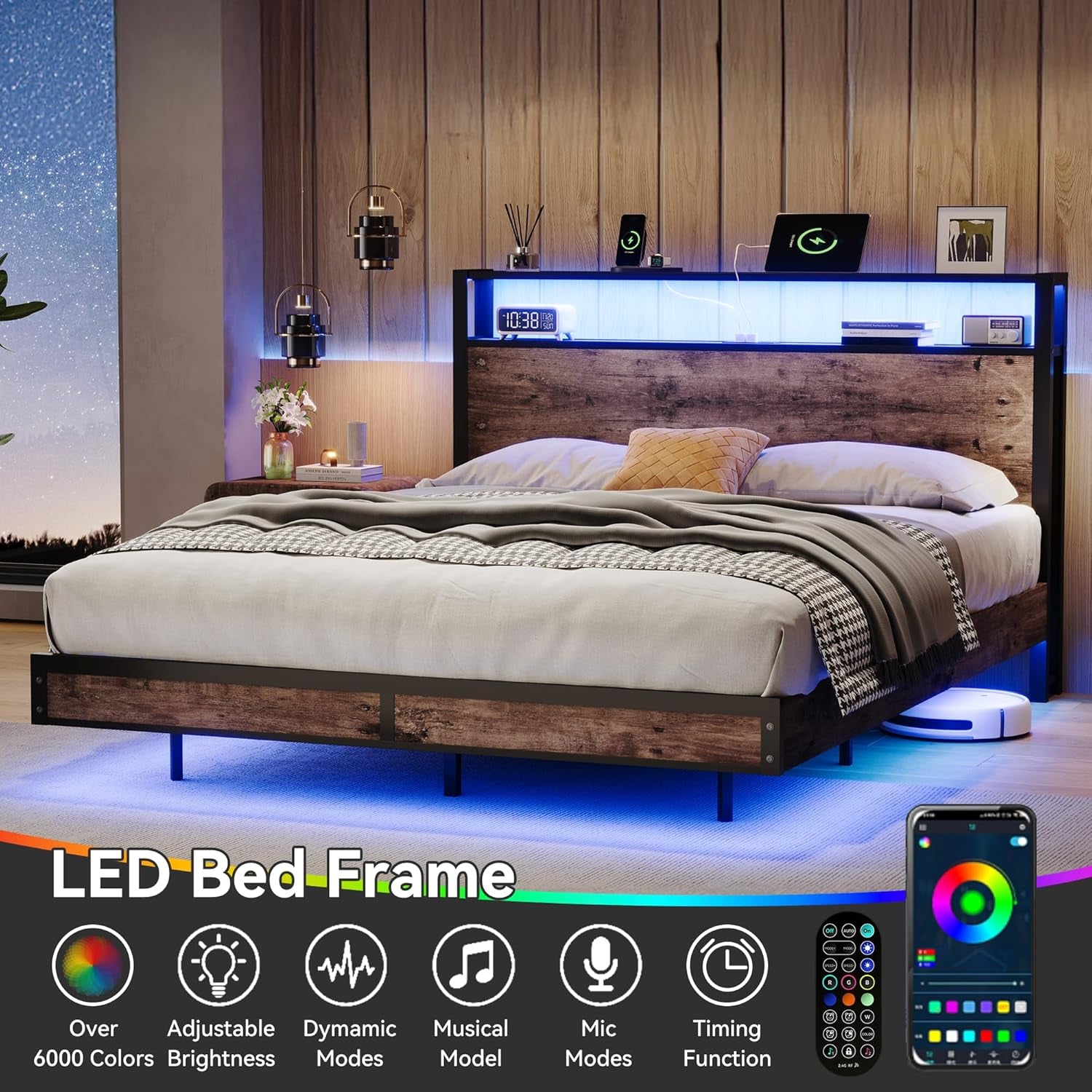 Queen Size Bed Frame with Storage Headboard, Sturdy Metal Platform Bed Frame with LED Lights and Charging Station, Easy Assembly, No Box Spring Needed, Noise Free, Rustic Brown