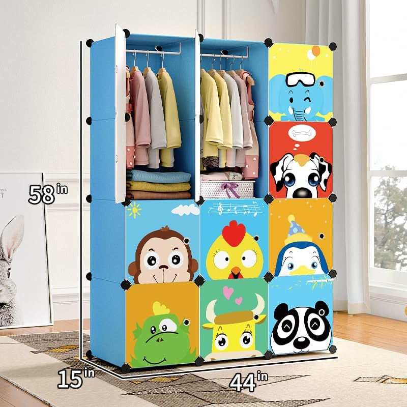 Kids Closet,Baby Wardrobe Closet with Door,Cute Portable Armoire Dresser,Clothes Hanging Storage Rack for Boy Bedroom,Blue,12 Cube(14X14Inch)
