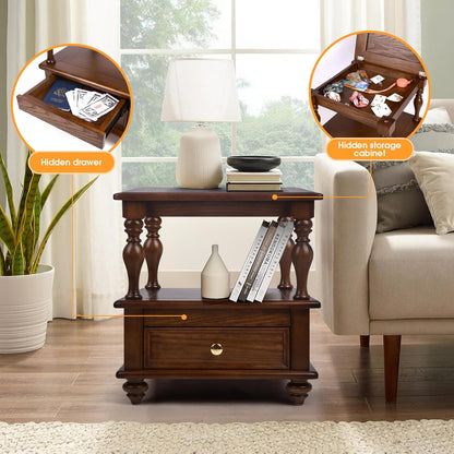 Vintage Square End Table with 1 Drawer and 2 Hidden Compartments, 2 Tier Side Table with Storage Shelves, Solid Wood Nightstand for Small Space, Walnut