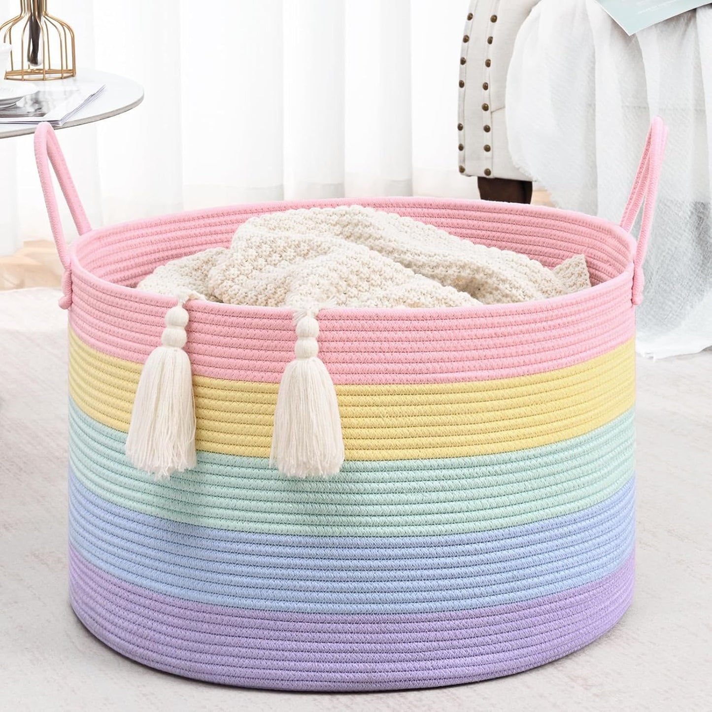 Rainbow Toy Basket, 20"X13" Extra Large Kids Toy Storage for Playroom Classroom Nursery, Woven Rope Blanket Basket with Handles, Stuffed Animal Organizer & Dog Toys Basket