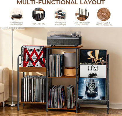 Vinyl Record Stand, 3-Tier Record Player Table with Left and Right Storage for Living Room Bedroom