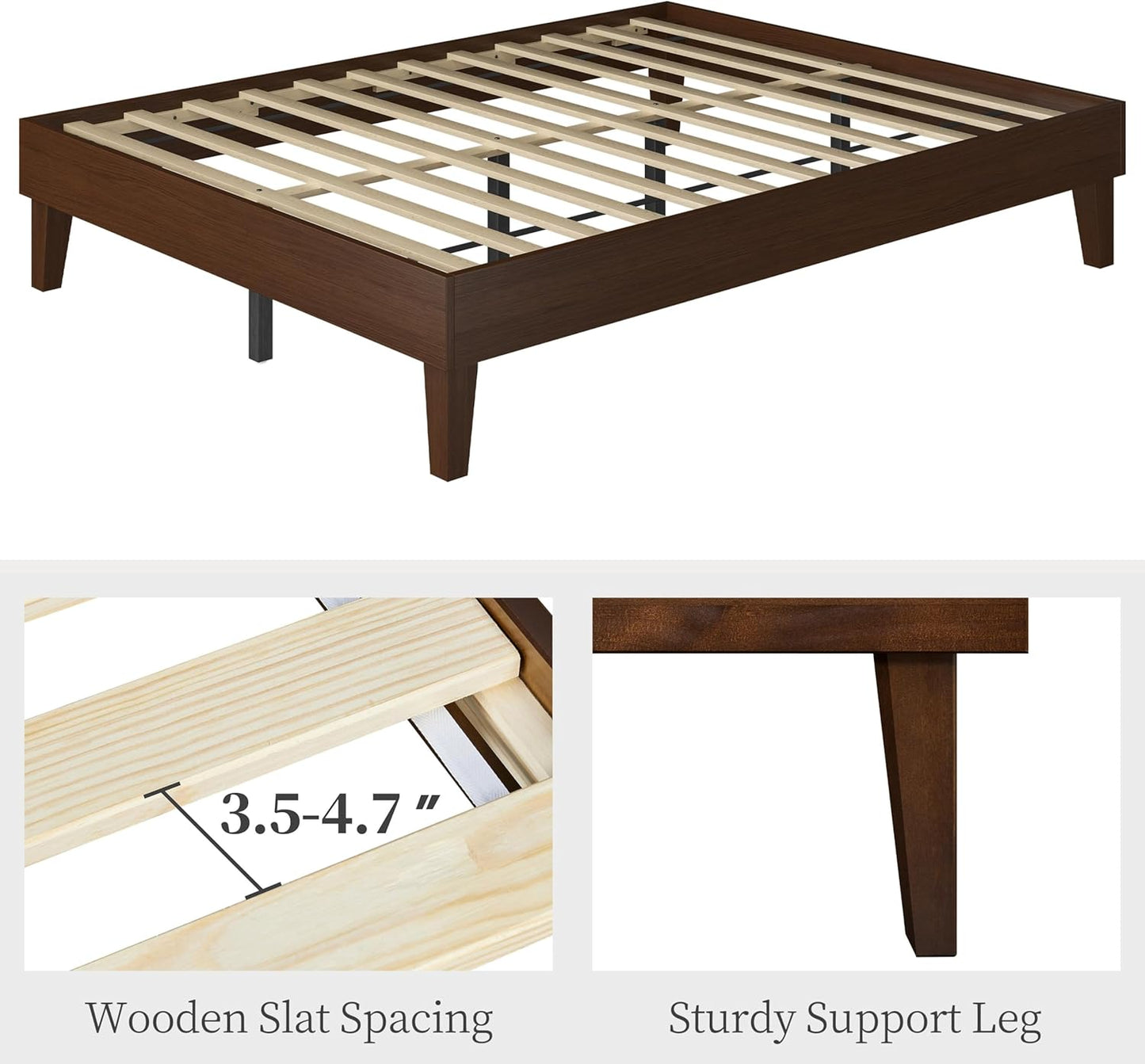 Queen Bed Frame Natural Solid Wood Platform Bed with Wooden Slats Support, 12-Inch Underbed Space for Storage, Noise-Free Design, Easy Assembly, Dark Walnut Finish