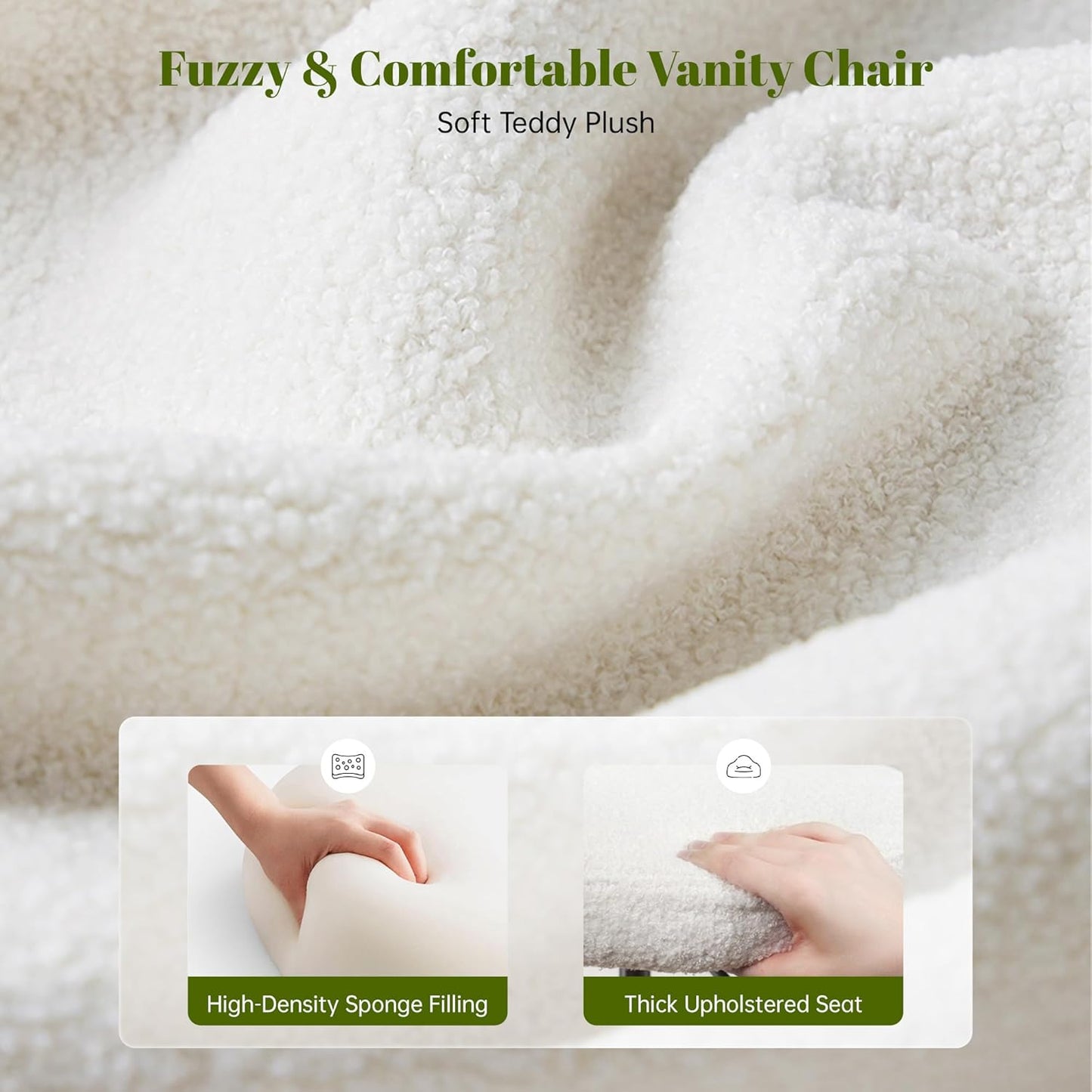 Vanity Chair with Wheels Armless, White Vanity Chair with Back,Ultra-Plush Fleece Cute Desk Chair, Small Office Chair Height Adjustable,For Make-Up Room,Bedroom