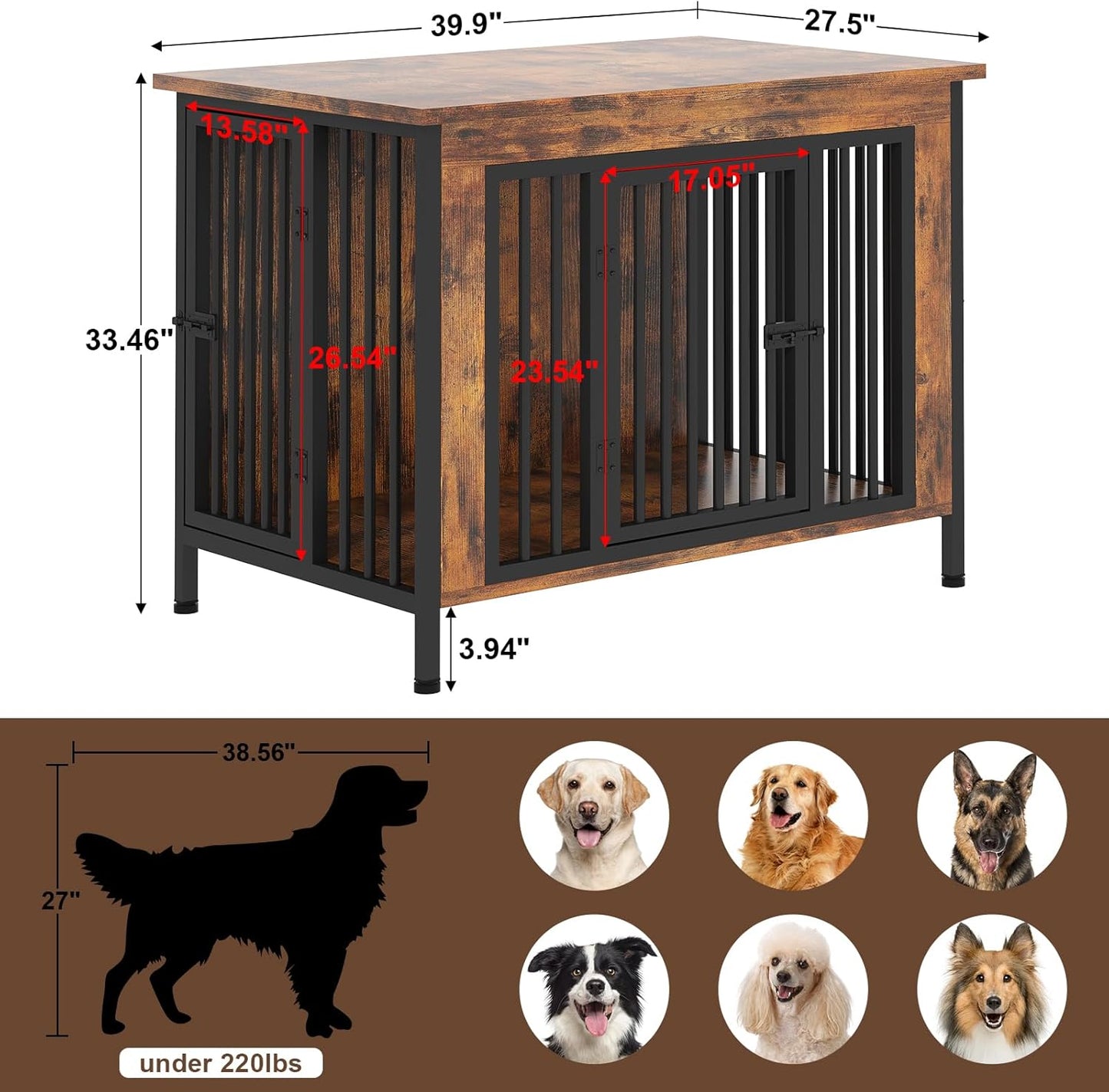 Dog Crate Furniture for 1 or 2 Dogs, Heavy Duty Single/Double Dog Crates for Small/Medium/Large Dogs, Dog Kennel Furniture Indoor as TV Stand, Large Size 39.96" L(35-60 Pounds), Oak Grey
