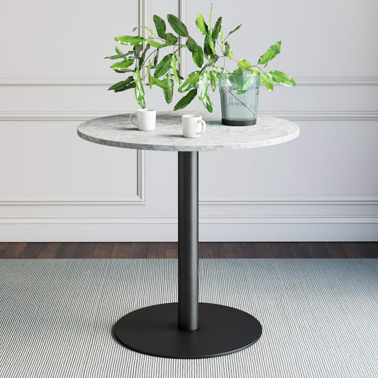 Bistro Lucy Small Mid-Century Modern Kitchen or Dining Table with Faux Carrara Marble Top and Brushed Metal Pedestal Base, Black, 31.5D X 31.5W X 29H In