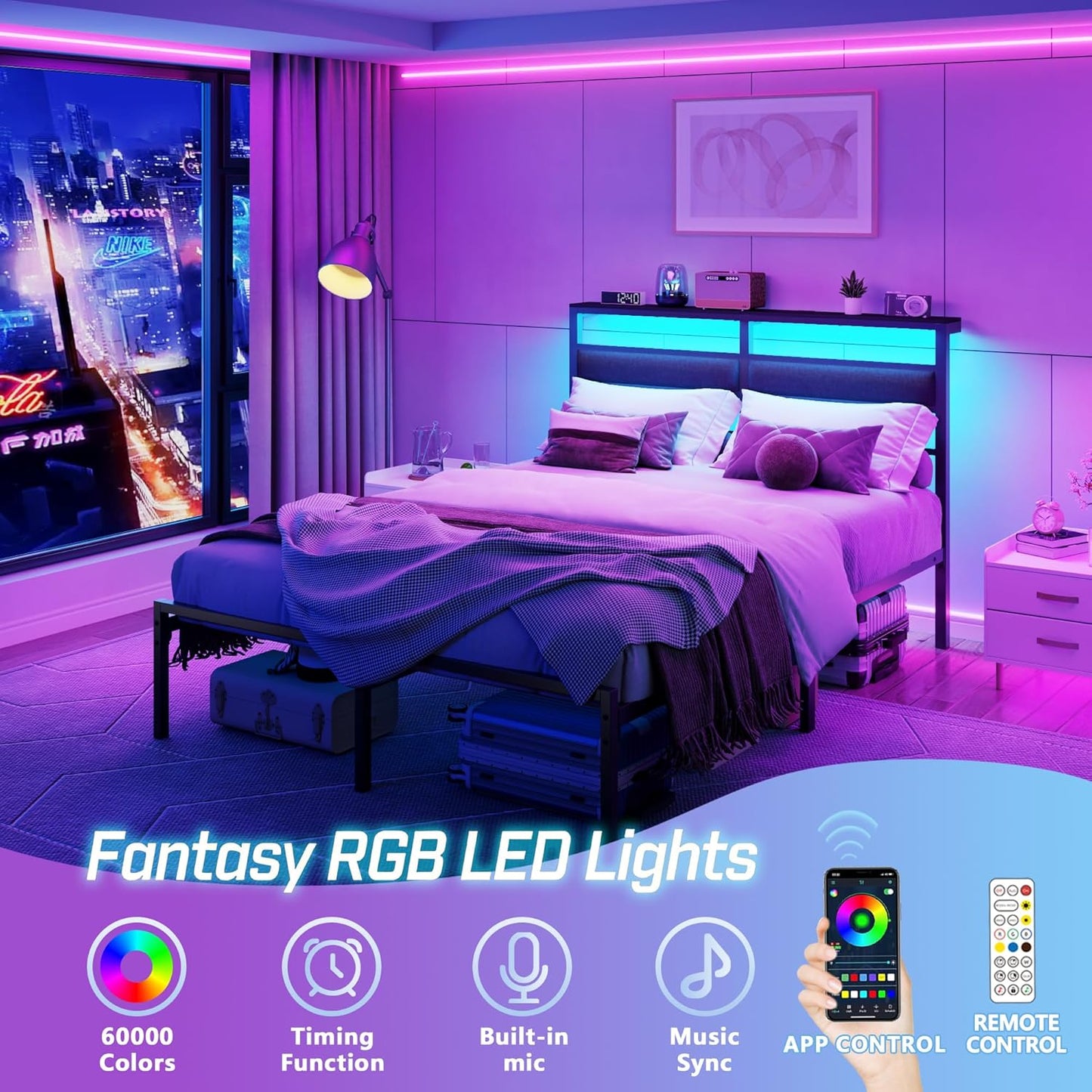 Full Size Bed Frame with Headboard, Bed Frame Full Size with LED Light and Charging Station, Black Metal Platform Bedframe and Storage Shelf, No Box Spring Needed, Noise Free