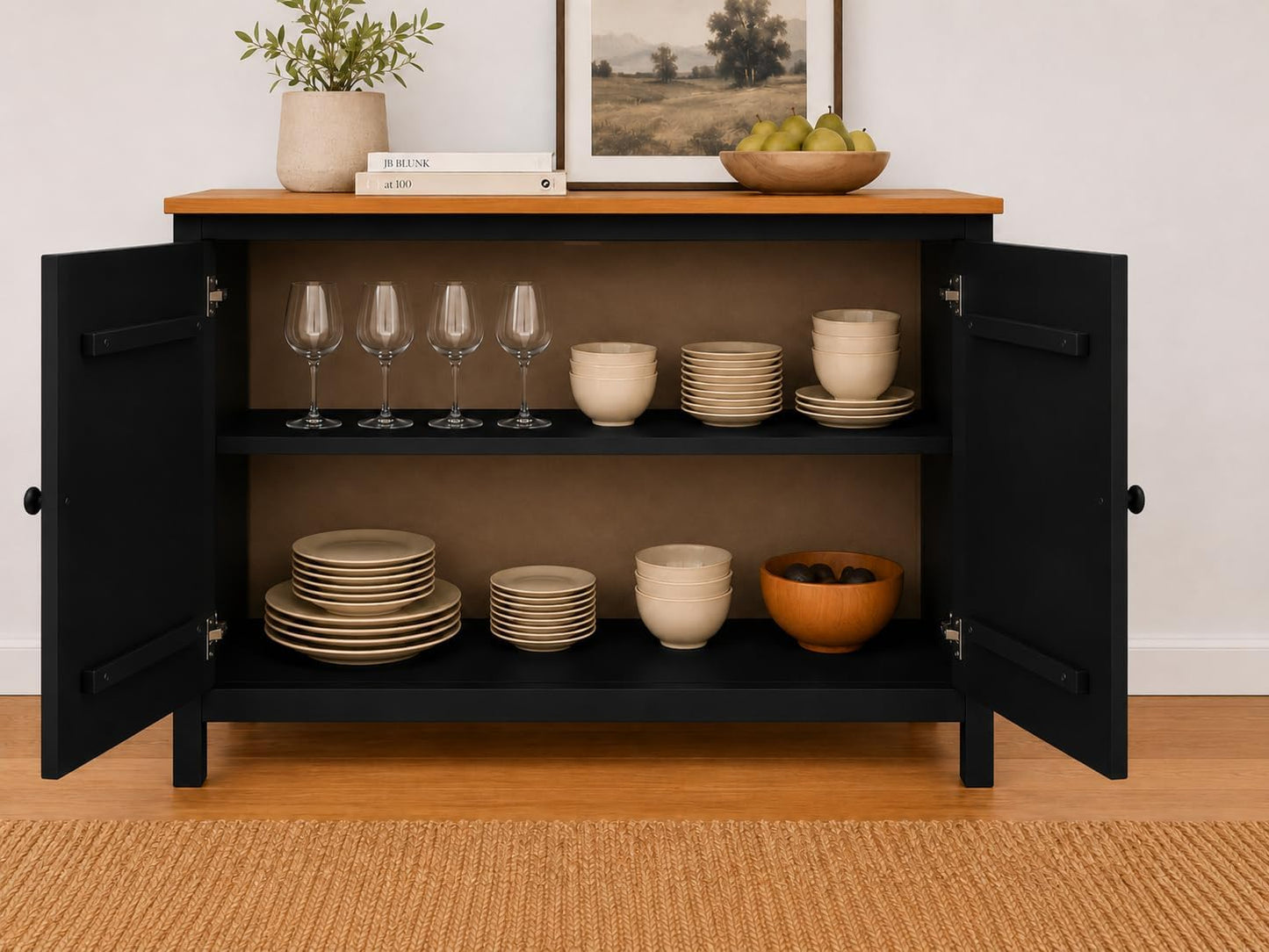 44" Wide Black & Pine Top Solid Pine Shaker Sideboard Buffet Cabinet — 2 Doors Adjustable Shef — No Drawer · Anti-Tip Included — Two-Tone Modern Finish